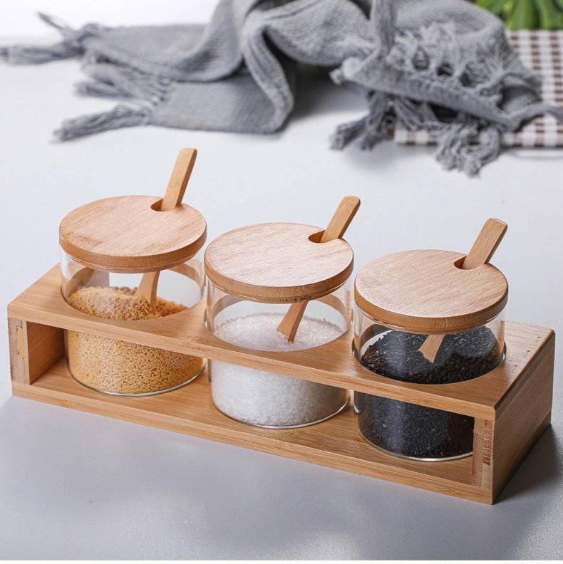 Spice Jar Household Seasoning Jar Set Glass Bamboo Wood Lid