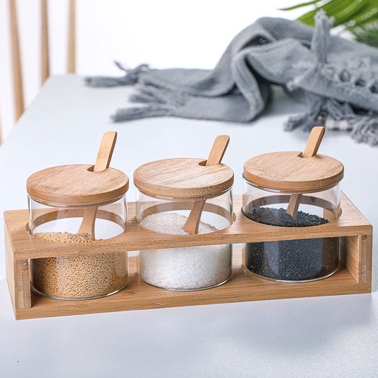 Spice Jar Household Seasoning Jar Set Glass Bamboo Wood Lid